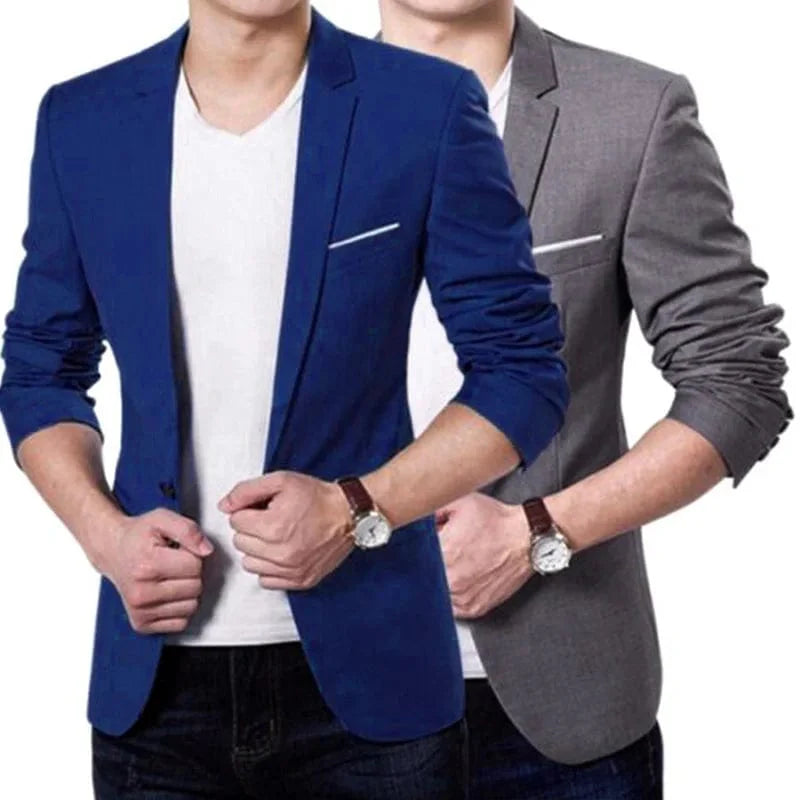 Men's slim fit formal blazer by SHOWLU FASHION STORE, solid long sleeve business jacket with lapel, pockets, and back slit.