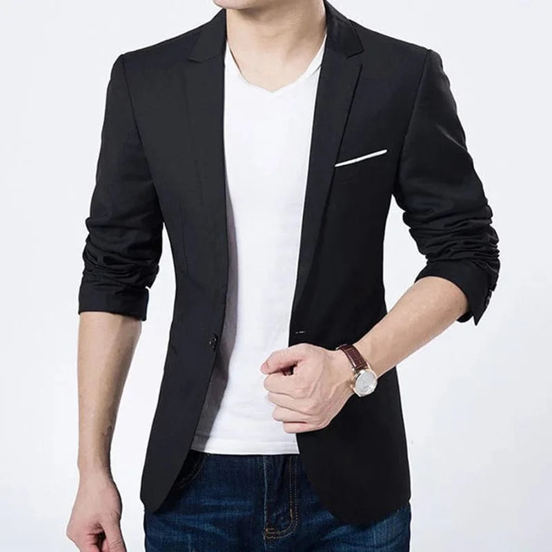 Men's slim fit formal blazer by SHOWLU FASHION STORE, solid long sleeve business jacket with lapel, button closure, and pockets.