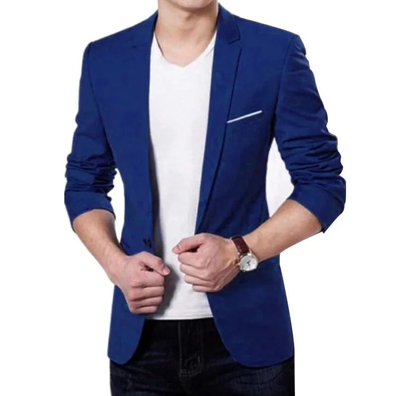 SHOWLU Men's slim fit formal blazer with solid long sleeves, button lapel, pockets, and back slit, suitable for business or casual wear.