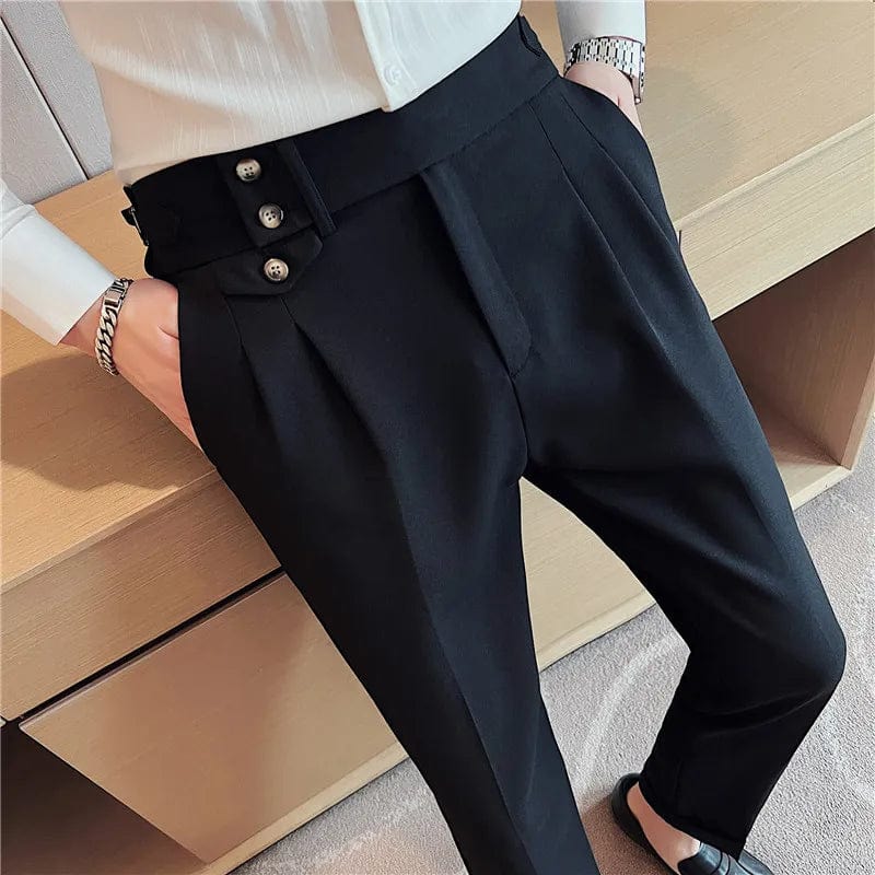 Men's slim fit high waist dress pants by SHOWLU FASHION, featuring belt design, suitable for office, formal, and wedding occasions.