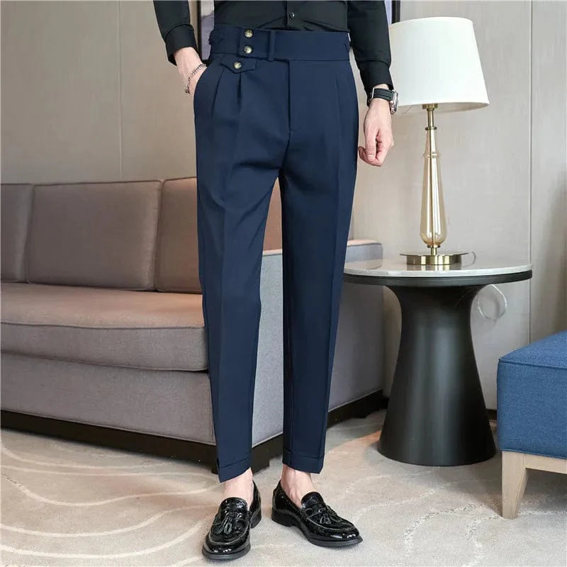 Men's slim fit high waist dress pants by SHOWLU FASHION, featuring belt design, ideal for formal, business, and wedding occasions.