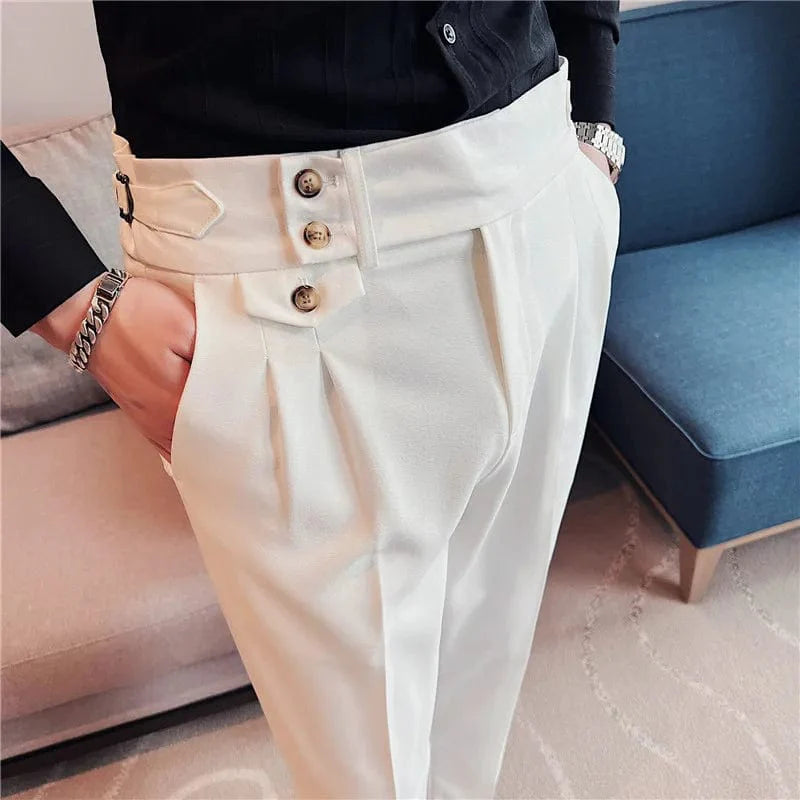 Men's slim fit high waist dress pants by SHOWLU FASHION, with belt design, suitable for formal, business, or wedding occasions.