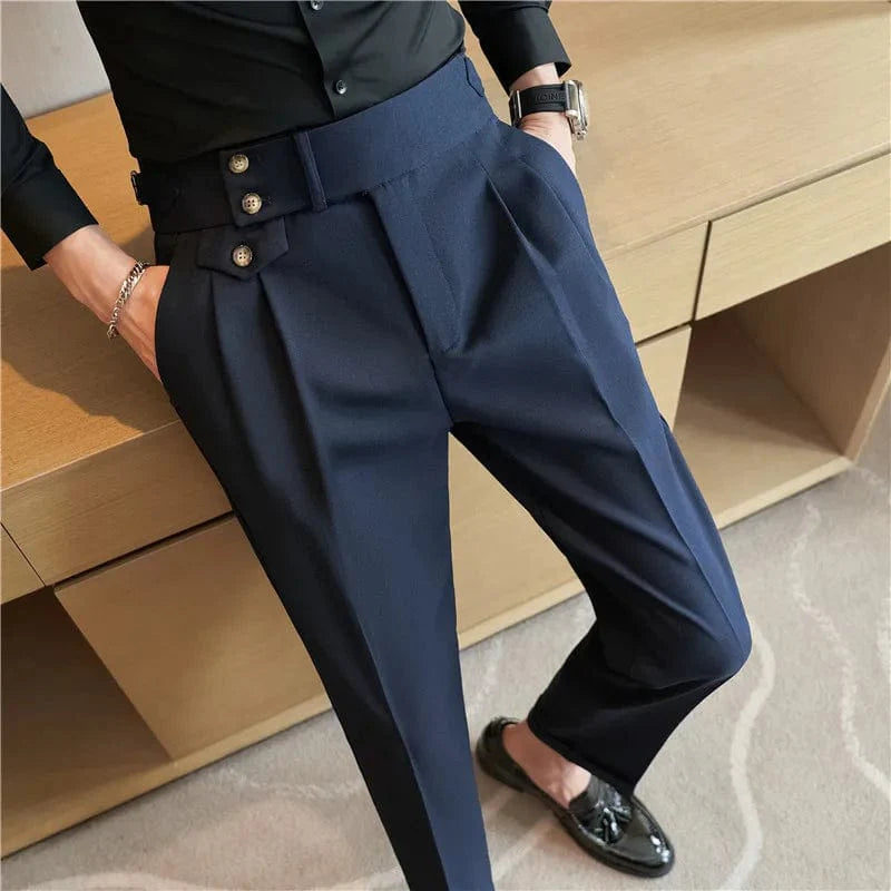 Slim fit men's high waist dress pants by SHOWLU FASHION, featuring belt design, suitable for formal, business, and casual occasions.