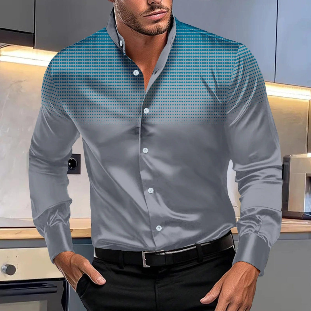 Spring autumn men's fashion evening dress four round polka dot printed long - sleeved shirt stand collar gradient top - SHOWLU FASHION STORE