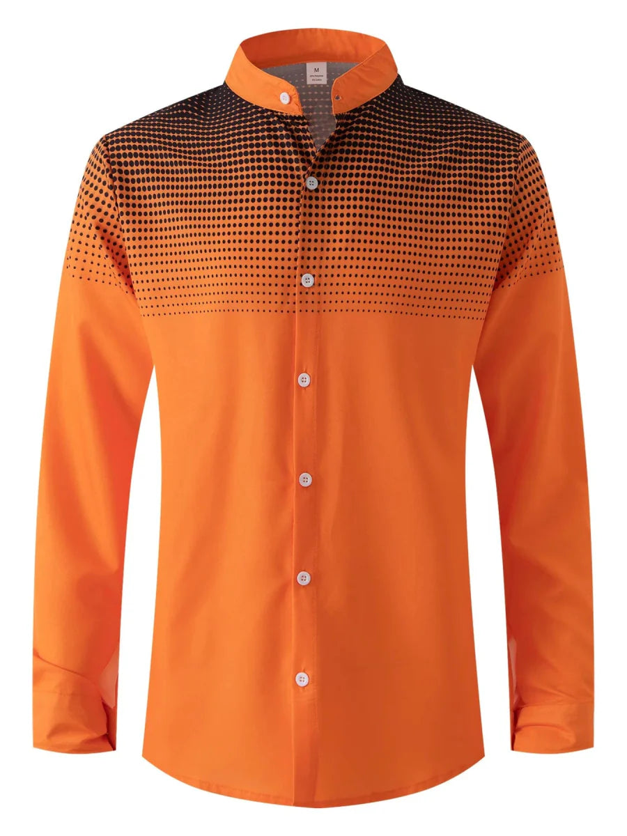 Men's Showlu polka dot tuxedo shirt with gradient mandarin collar, long sleeves, and stand collar for elegant spring and autumn fashion.