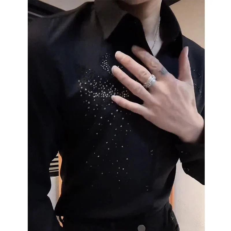 Black men's slim fit rhinestone button-up shirt from Showlu Fashion, featuring long sleeves and stylish Korean-inspired casual design.