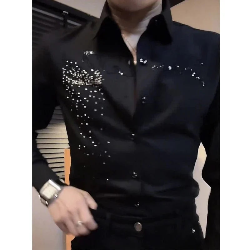 Black men's slim fit rhinestone button-up shirt by Showlu Fashion, long-sleeve casual Korean-style business top for men.