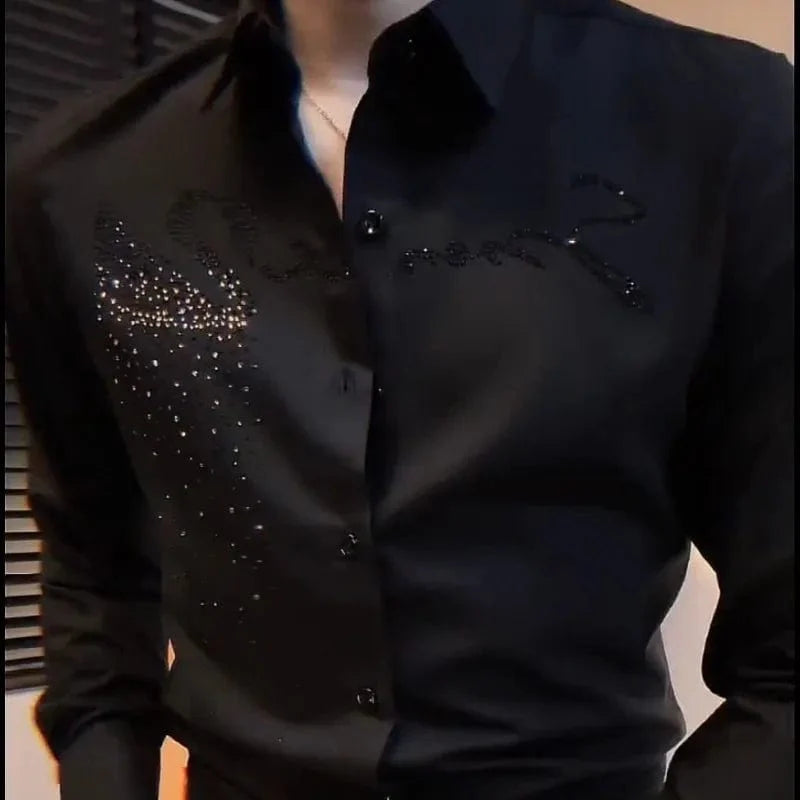 Black men's slim fit rhinestone button-up shirt by Showlu Fashion, long sleeve, stylish Korean fashion casual business top