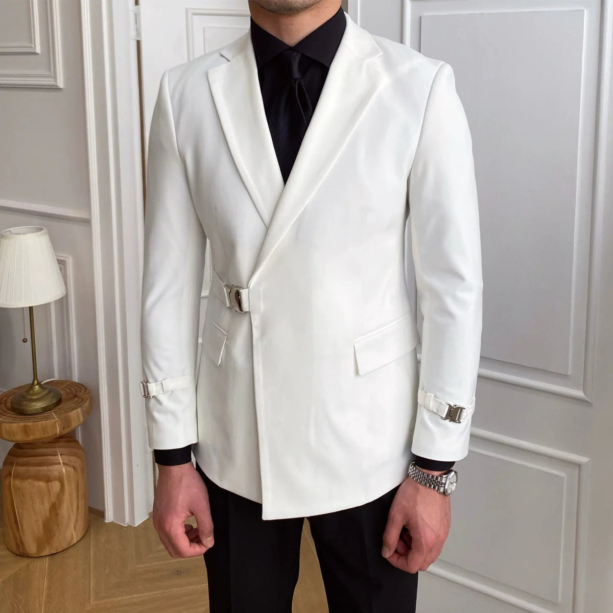 Men's slim fit black double-breasted wedding suit by Showlu Fashion, tailored with sharp lapels and sleek design for formal events.