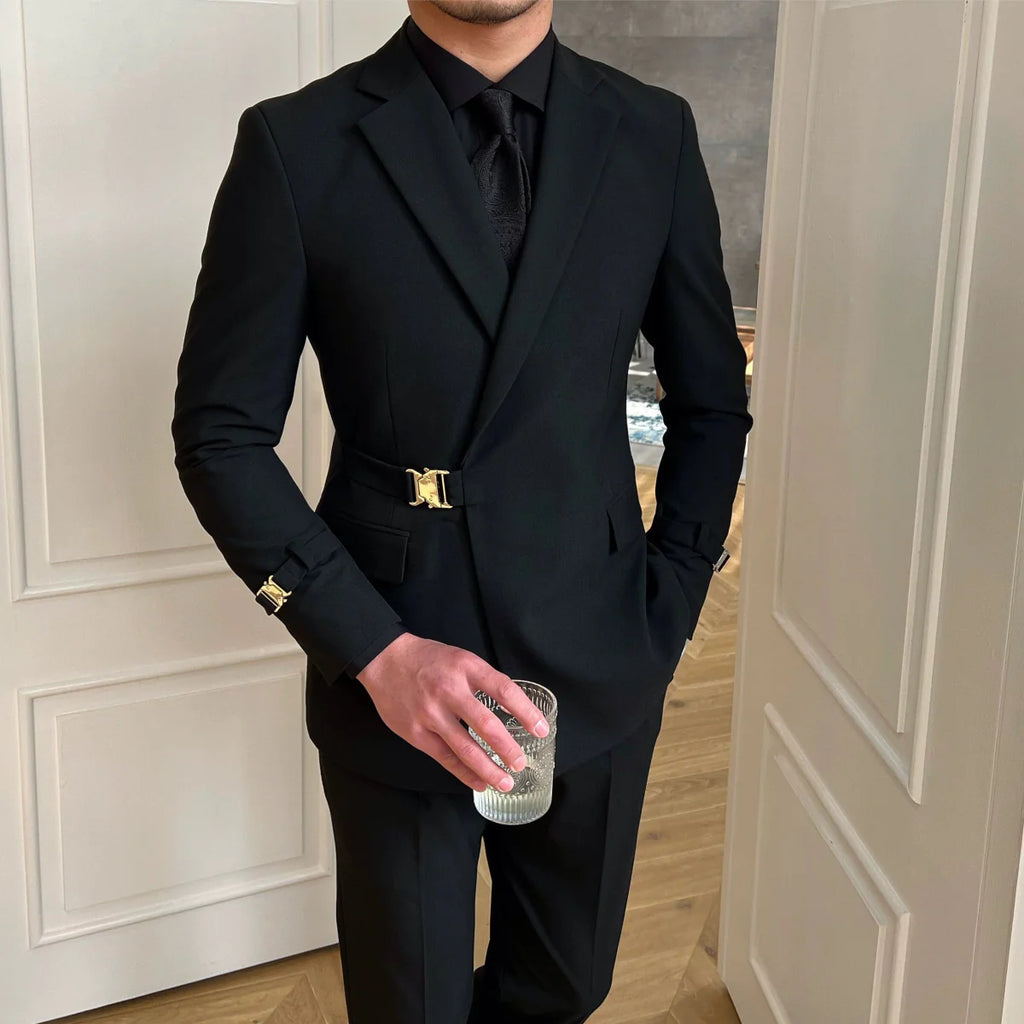 Men's slim fit black double-breasted wedding suit by Showlu Fashion, featuring tailored design and classic formal style.