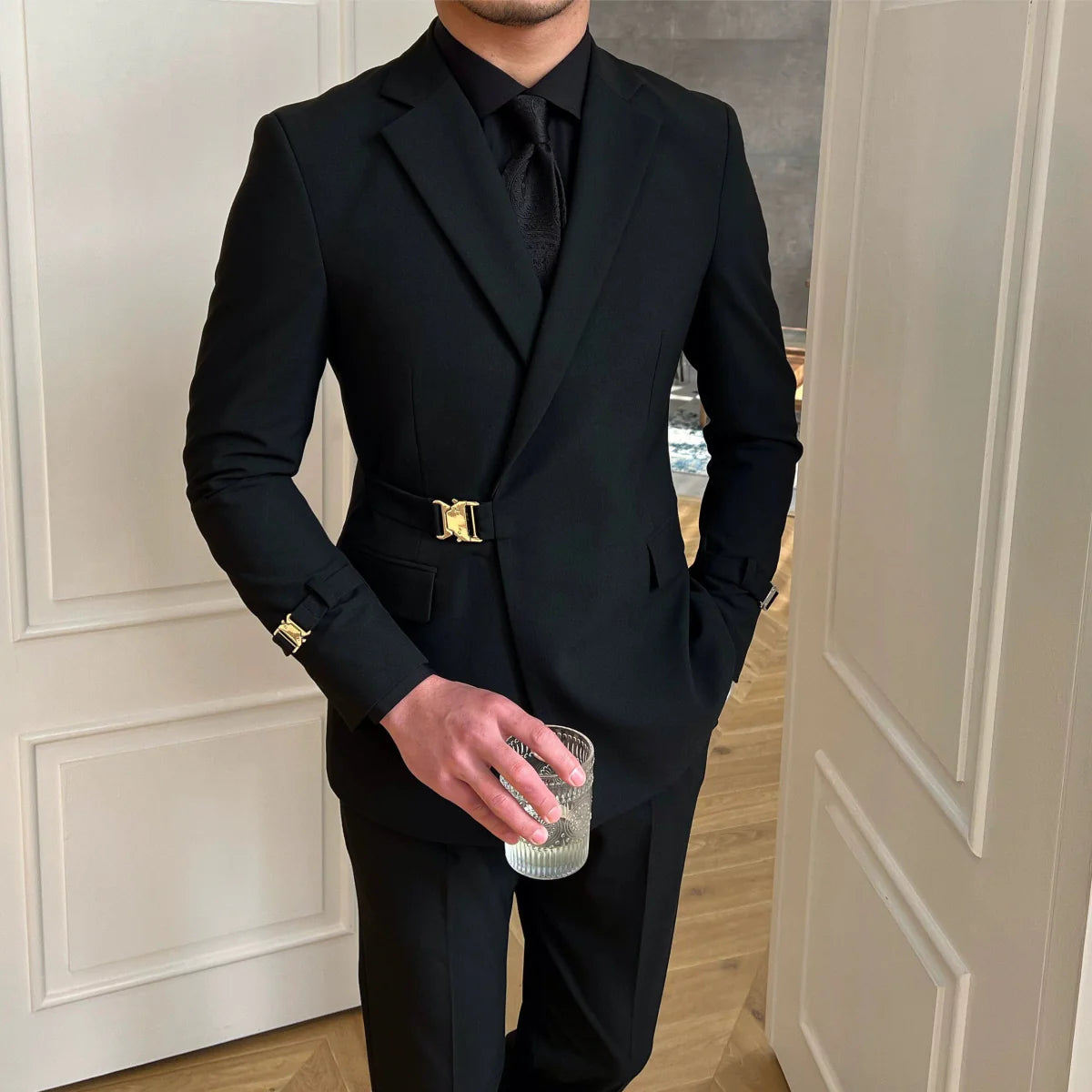 Men's slim fit black double-breasted wedding suit by Showlu Fashion, featuring tailored design and classic formal style.