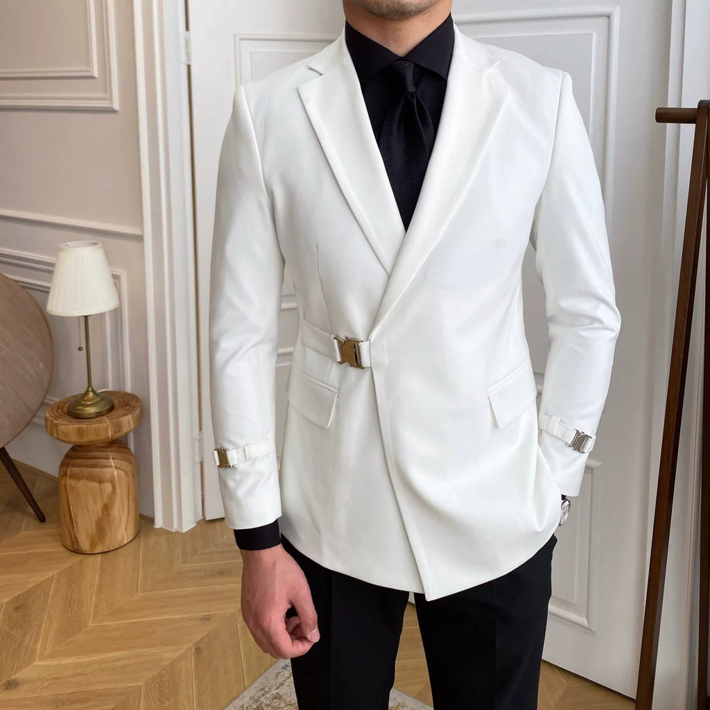 Black men's slim fit double-breasted wedding suit by Showlu Fashion, featuring tailored design and classic style, on a white background.