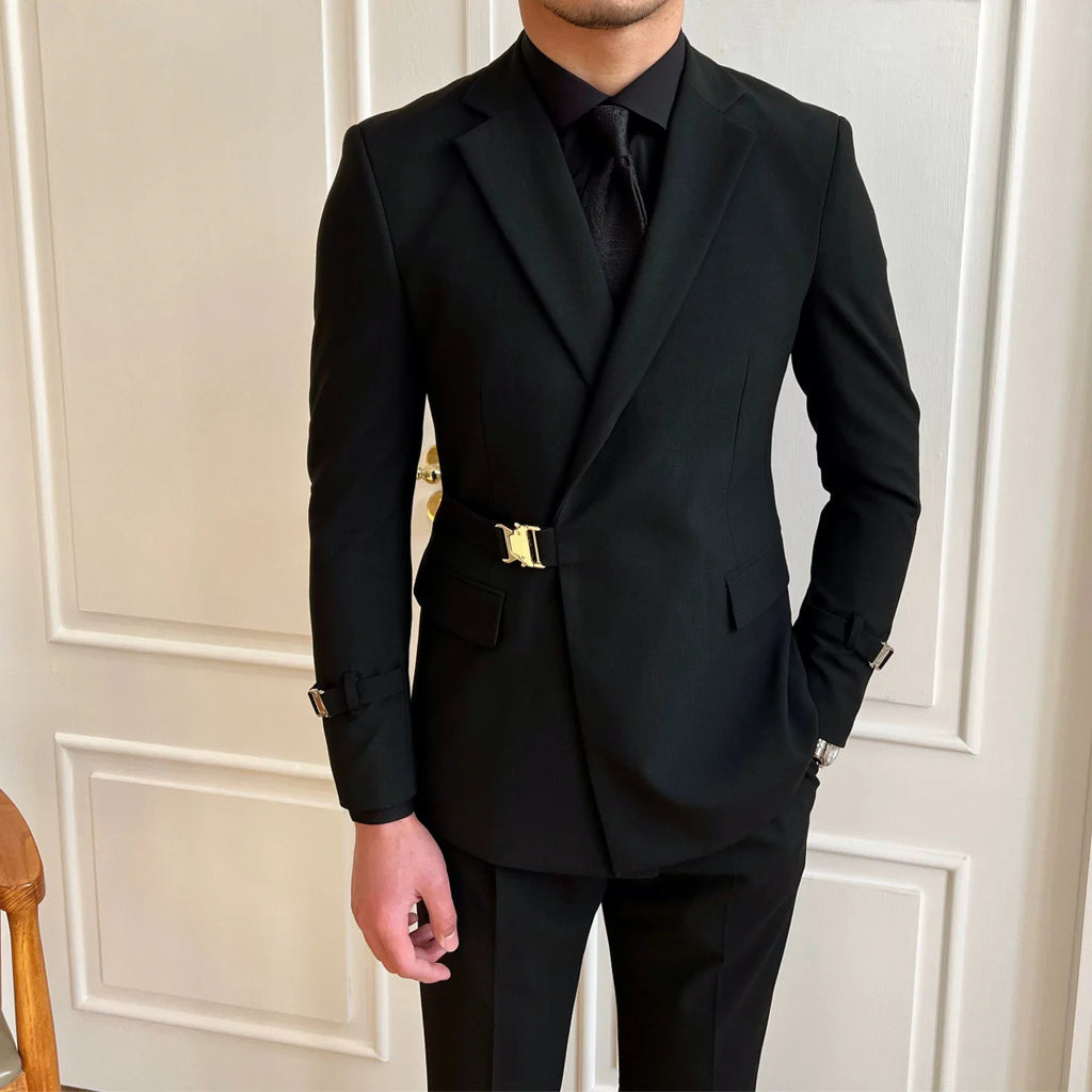 Men's slim fit black double-breasted wedding suit by Showlu Fashion, featuring a tailored design and classic style.
