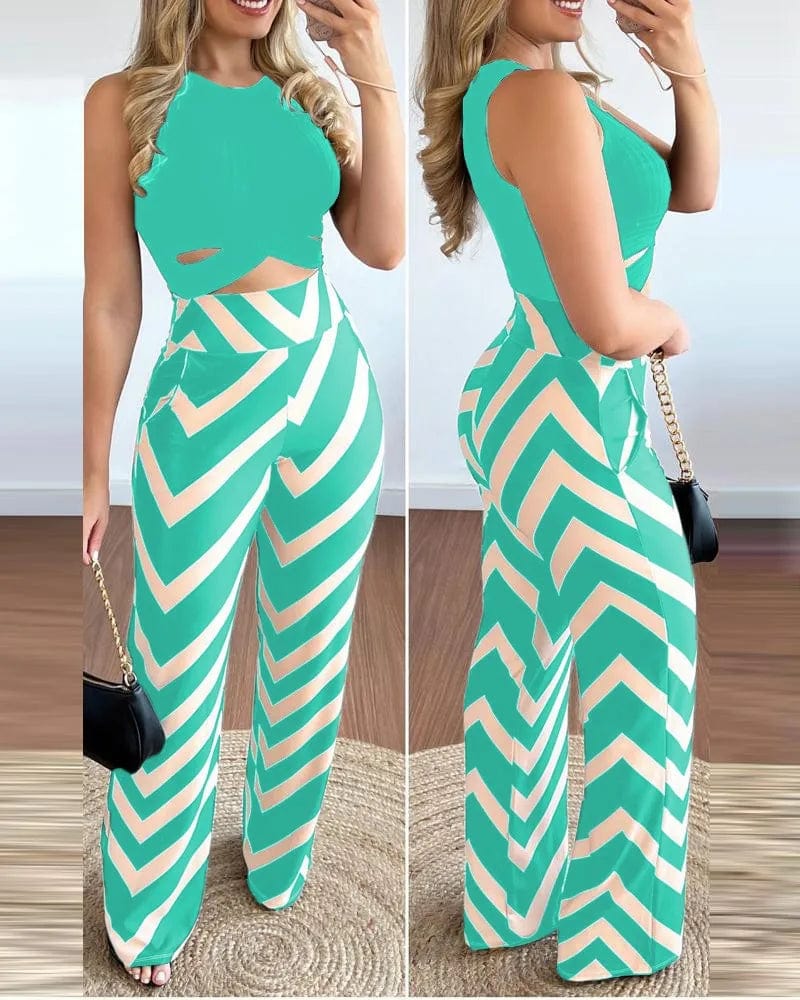 Owner Girl Women's 2-piece set with sleeveless printed top and slim trousers, stylish spring-summer fashion for women.
