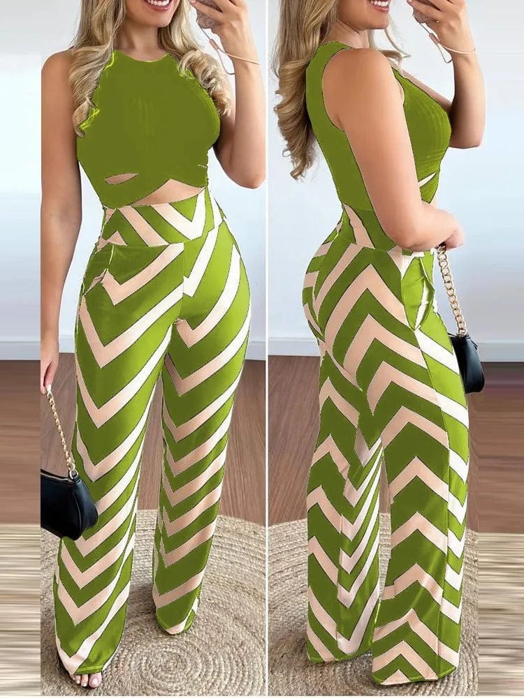 Owner Girl women's 2-piece set with printed sleeveless top and slim trousers, stylish spring-summer fashion for women.