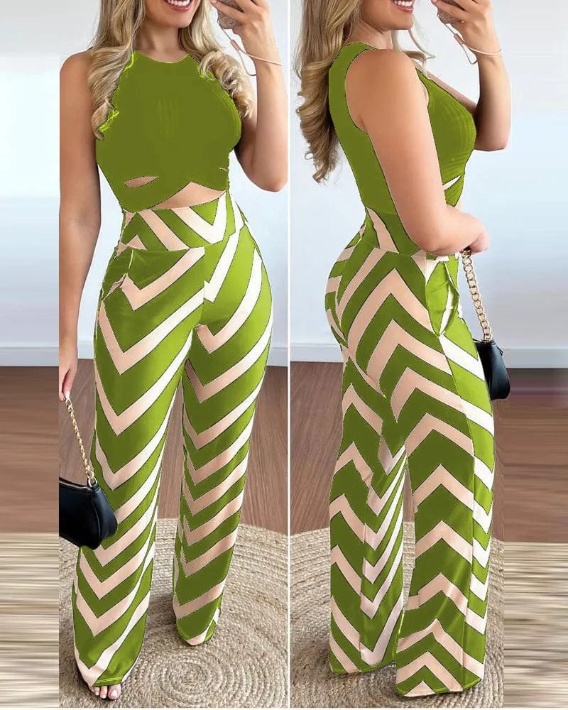 Owner Girl Women's 2-piece set with printed sleeveless top and slim trousers, stylish spring-summer fashion for women.