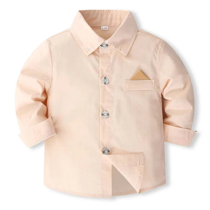 Toddler boy gentleman outfit by Showlu Fashion with cotton long-sleeve shirt, pants, straps, and tie for spring Korean fashion style.