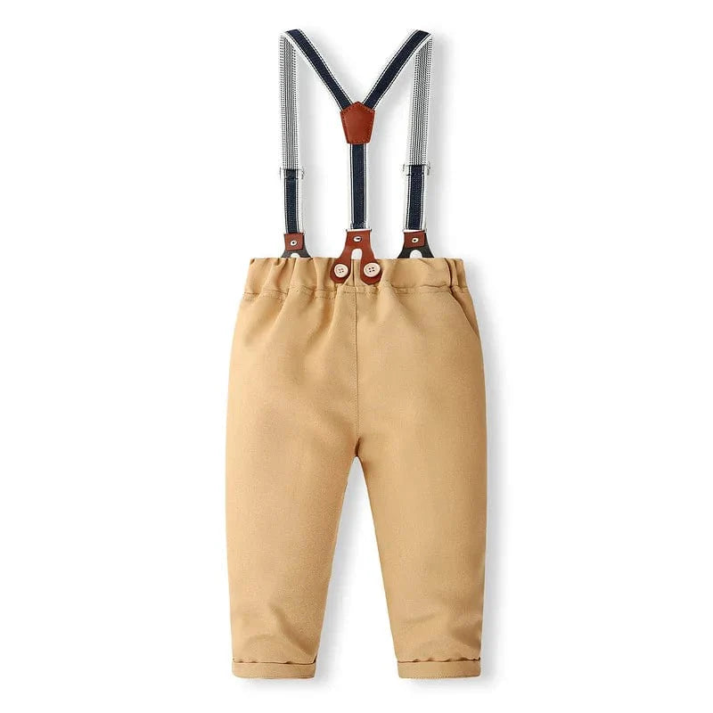 Toddler boy gentleman outfit with cotton long-sleeve shirt and pants set in spring fashion, featuring straps and tie details.
