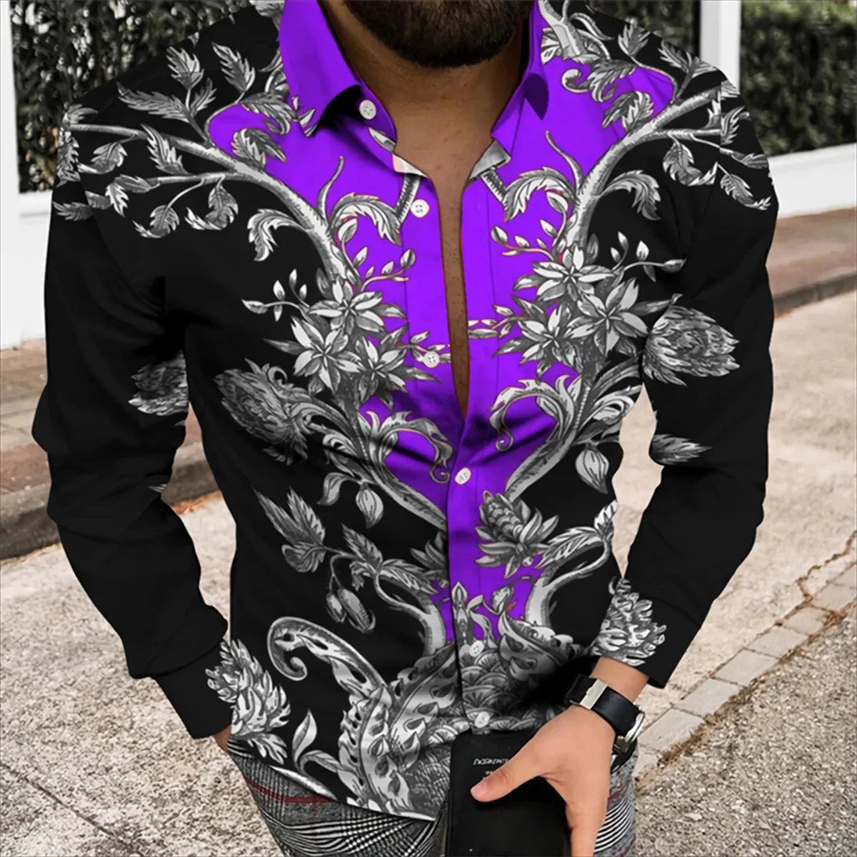 SHOWLU men's silk and bamboo fiber long sleeve printed casual shirt, high-quality outdoor and party wear with soft, comfortable fabric.
