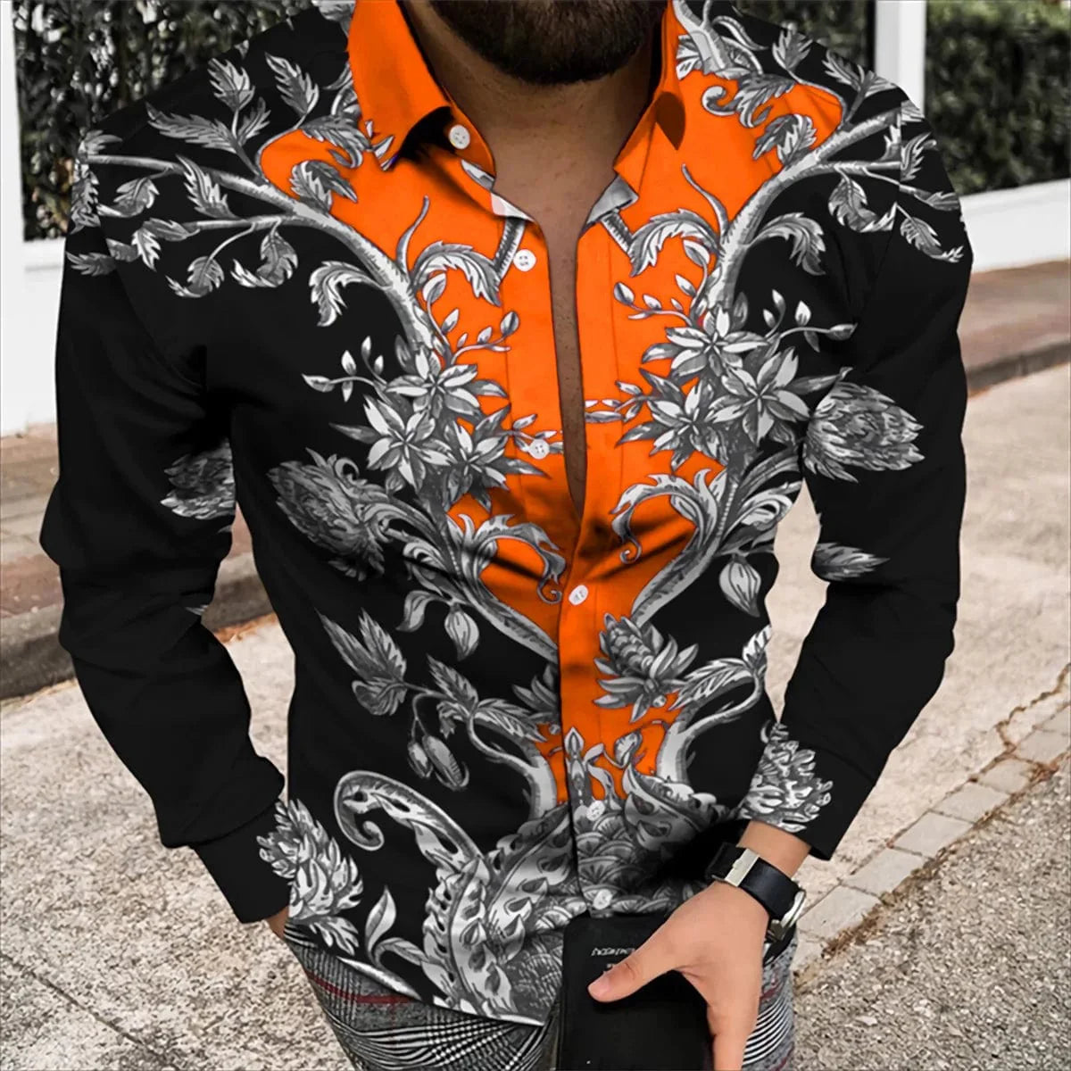 SHOWLU men's silk and bamboo long sleeve printed casual shirt, lightweight and comfortable for spring and summer outdoor wear.