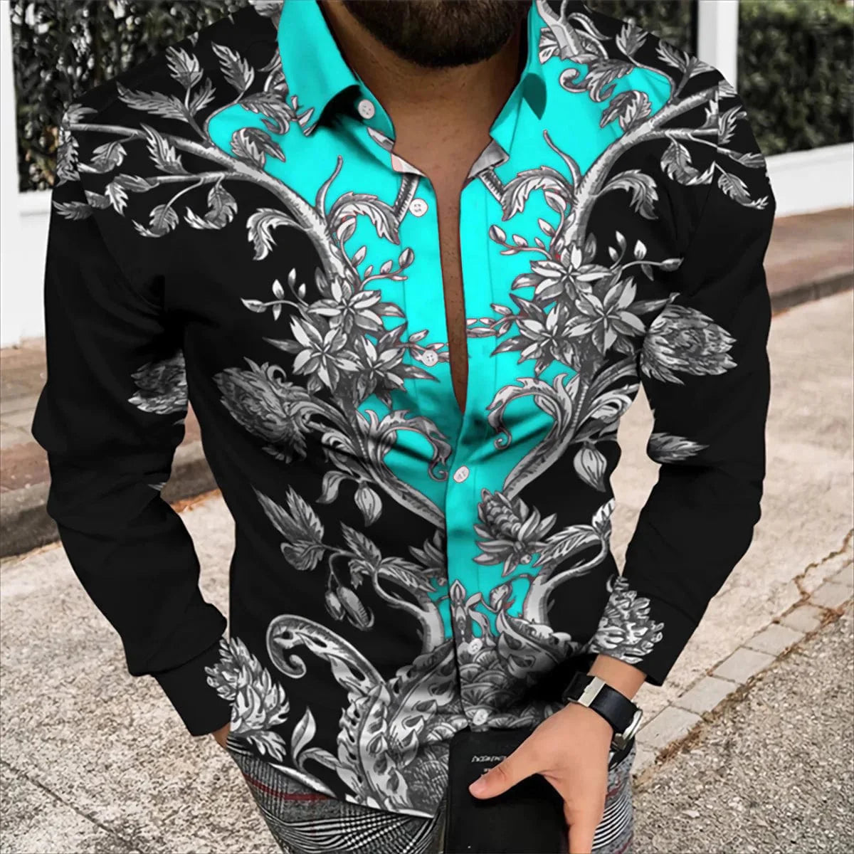 SHOWLU men's silk and bamboo fiber long sleeve printed casual shirt with a stylish design, perfect for spring and summer outdoor wear.