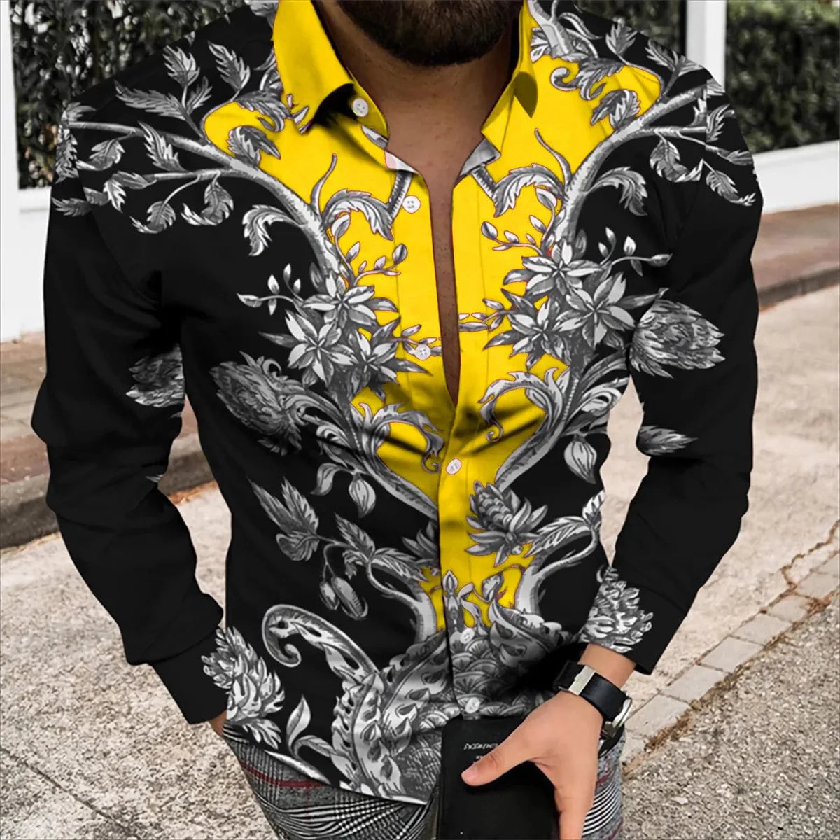SHOWLU Men's silk and bamboo fiber long sleeve printed casual shirt, high-quality, soft, comfortable, suitable for outdoor and designer occasions.