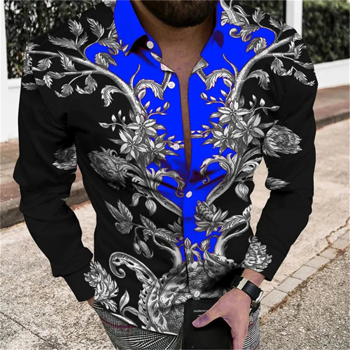SHOWLU Men's silk and bamboo fiber long sleeve printed casual shirt, soft and comfortable for spring and summer outdoor wear.