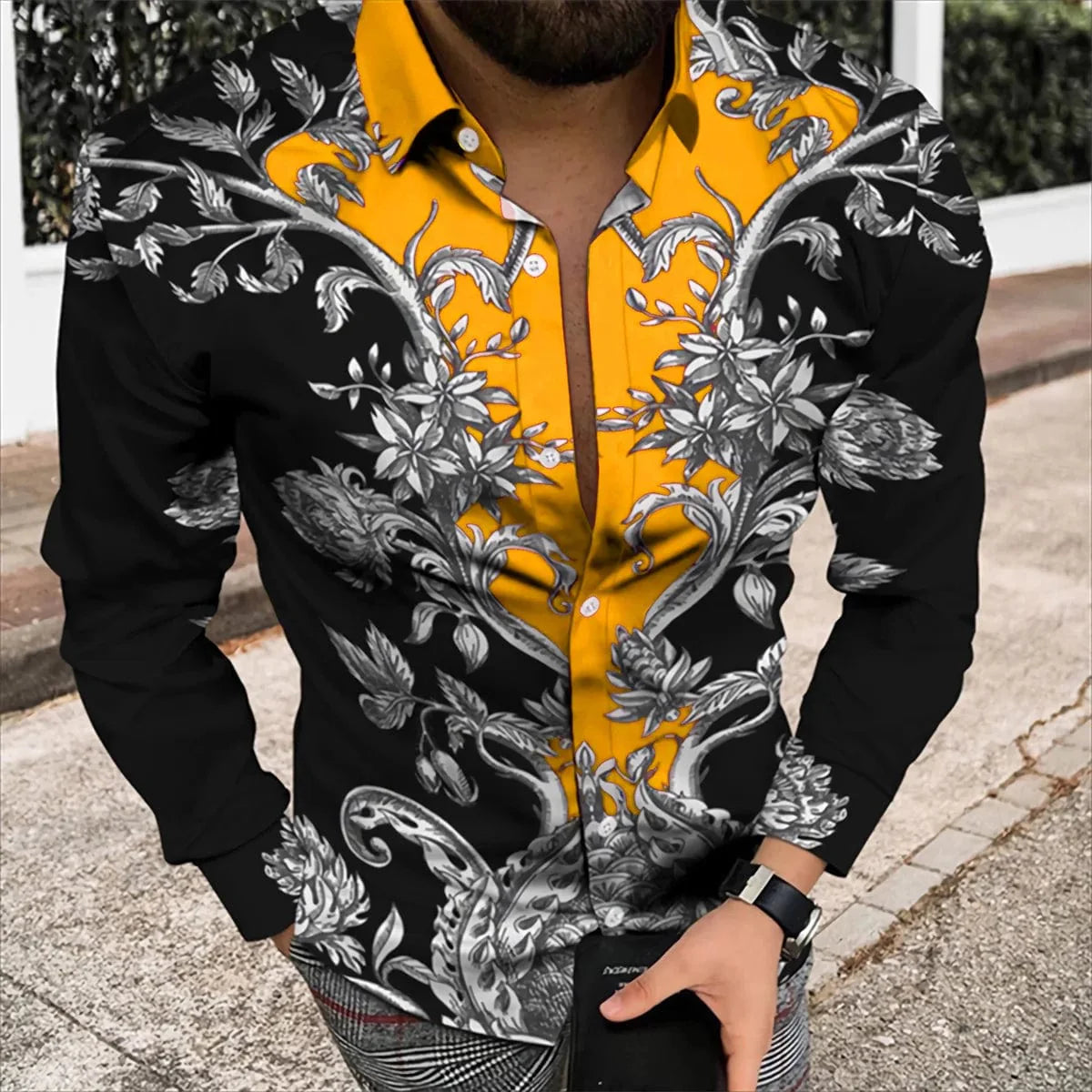 Men's silk and bamboo fiber long sleeve printed casual shirt by SHOWLU FASHION STORE, soft, luxurious, perfect for spring and summer wear.