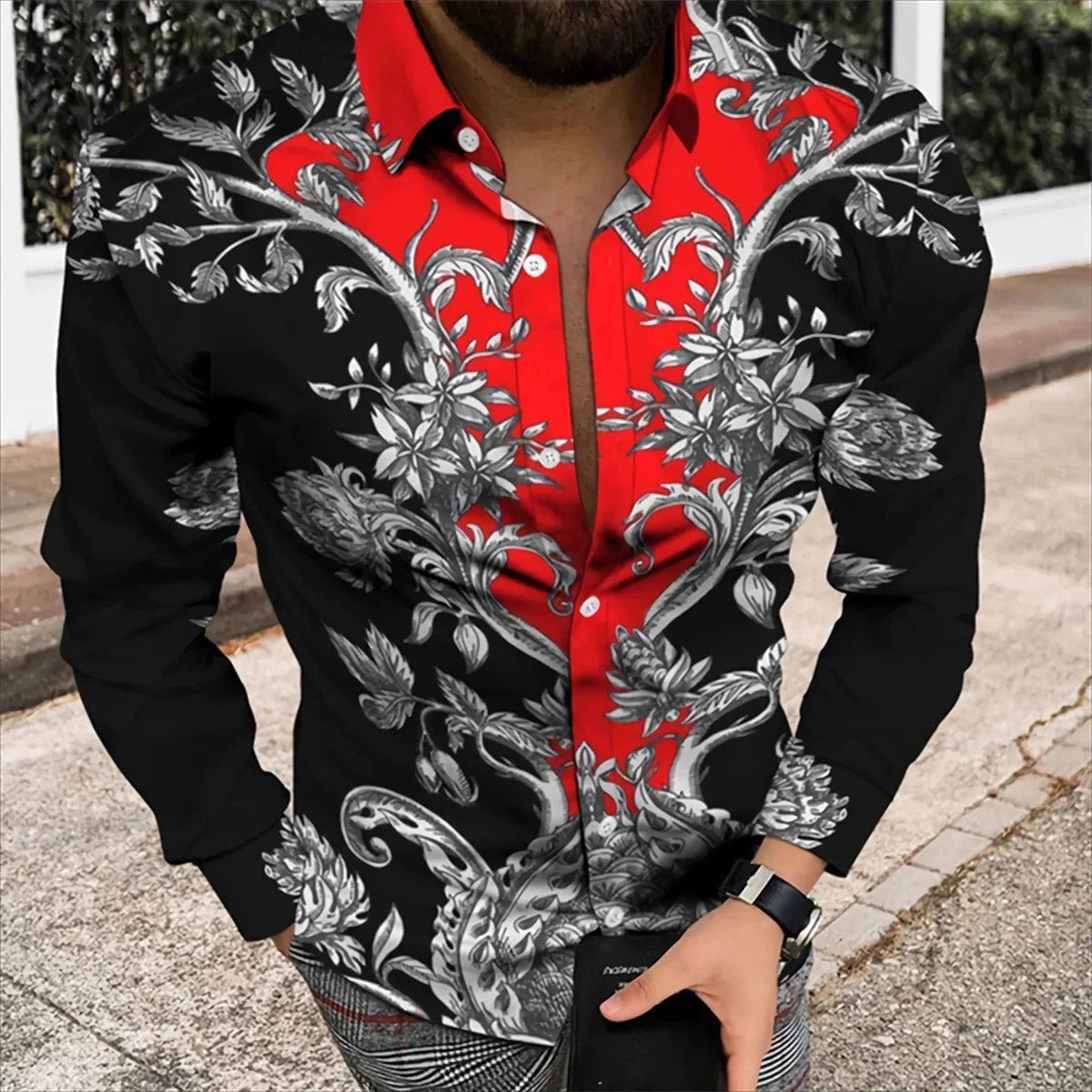 SHOWLU Men's silk and bamboo fiber long sleeve printed casual shirt, soft, comfortable, perfect for spring and summer outdoor wear.