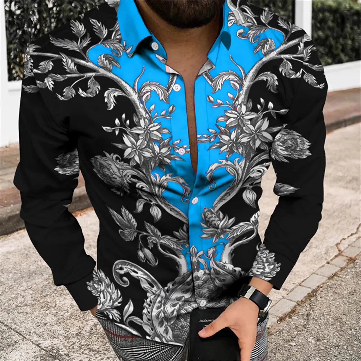 Men's silk and bamboo fiber long sleeve printed casual shirt by SHOWLU FASHION STORE, soft, high-quality, ideal for spring and summer.