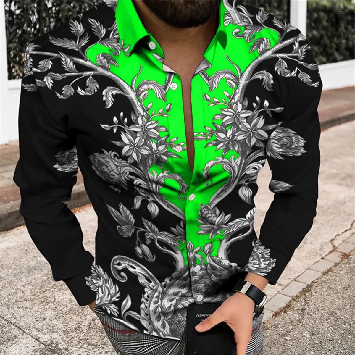 SHOWLU men's silk and bamboo fiber long sleeve printed casual shirt, soft and comfortable for spring and summer wear.
