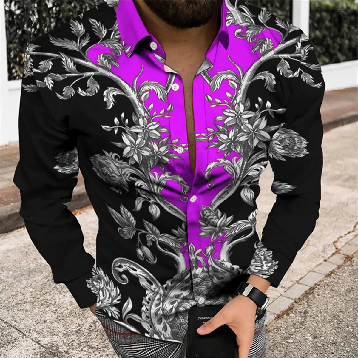 Men's silk and bamboo fiber long sleeve printed casual shirt by SHOWLU FASHION STORE, soft, comfortable, perfect for spring and summer.
