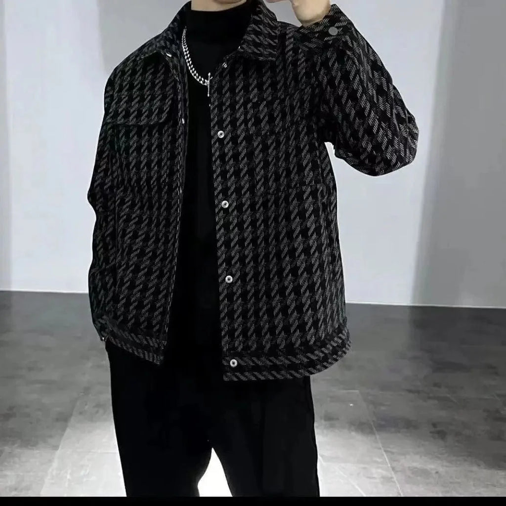 Men's SHOWLU Thousand Bird Plaid Jacket with square collar, casual versatile outerwear in a stylish Korean-inspired design.