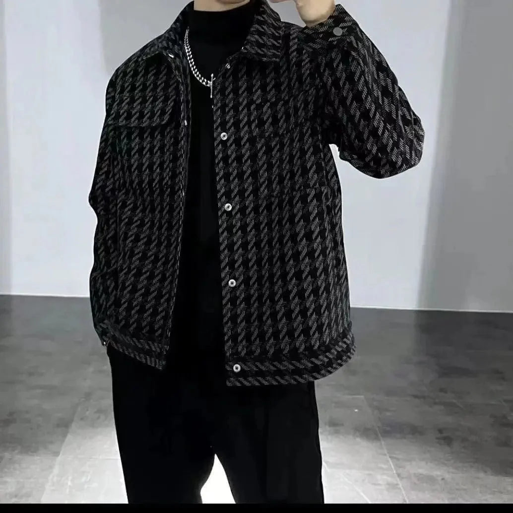 Men's SHOWLU Thousand Bird Plaid Jacket with square collar, casual versatile outerwear in a stylish Korean-inspired design.