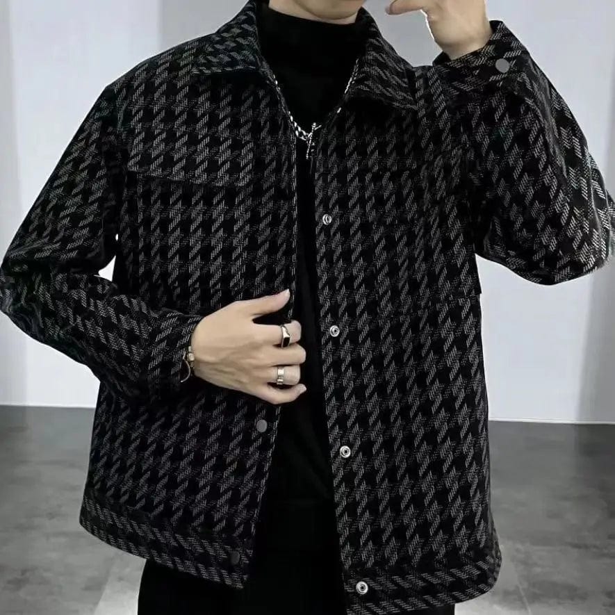 SHOWLU Men's plaid jacket with square collar, casual versatile outerwear featuring a thousand bird plaid pattern.