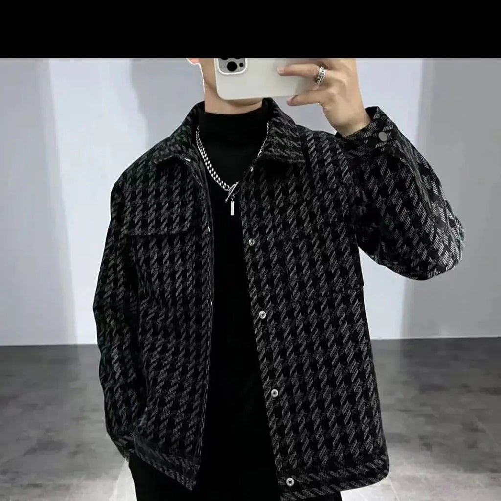 SHOWLU Men's Thousand Bird plaid casual jacket with square collar, versatile outerwear, stylish Korean design, suitable for everyday wear.