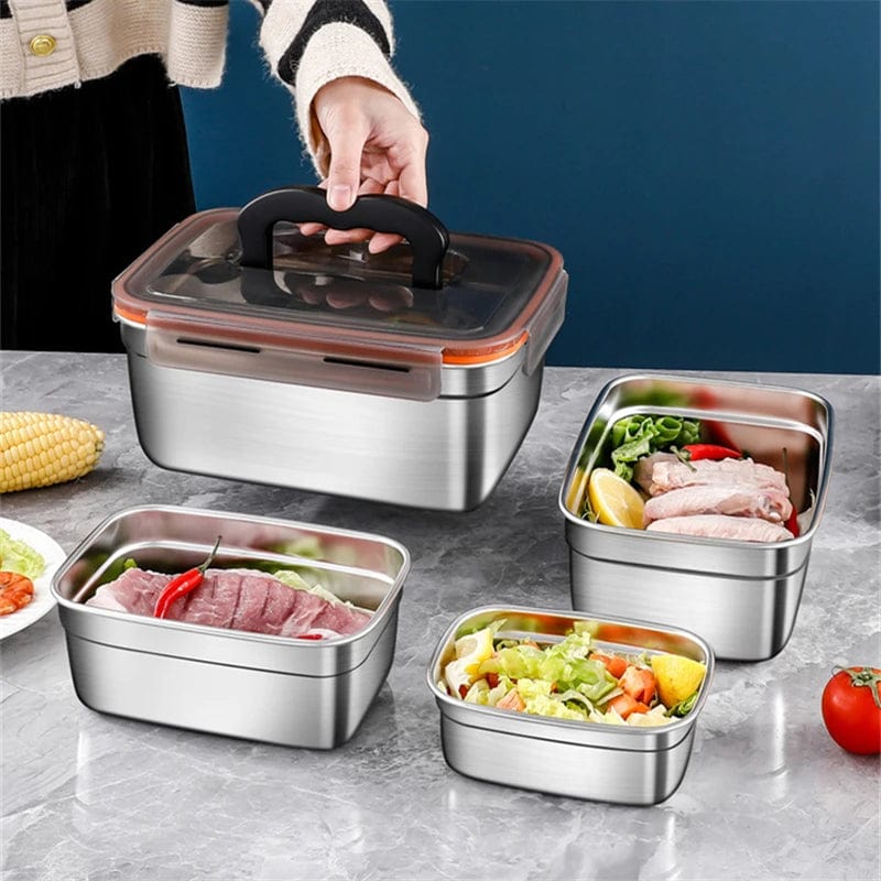 Stainless steel Showlu Bento lunch box with multiple compartments, portable food container for meals and snacks.