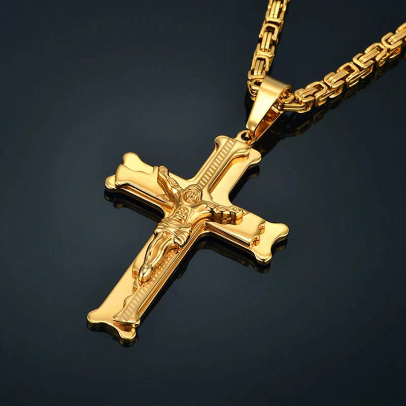Men's gold stainless steel Jesus Cross pendant necklace with a long chain, religious jewelry for men, Showlu Fashion Store.
