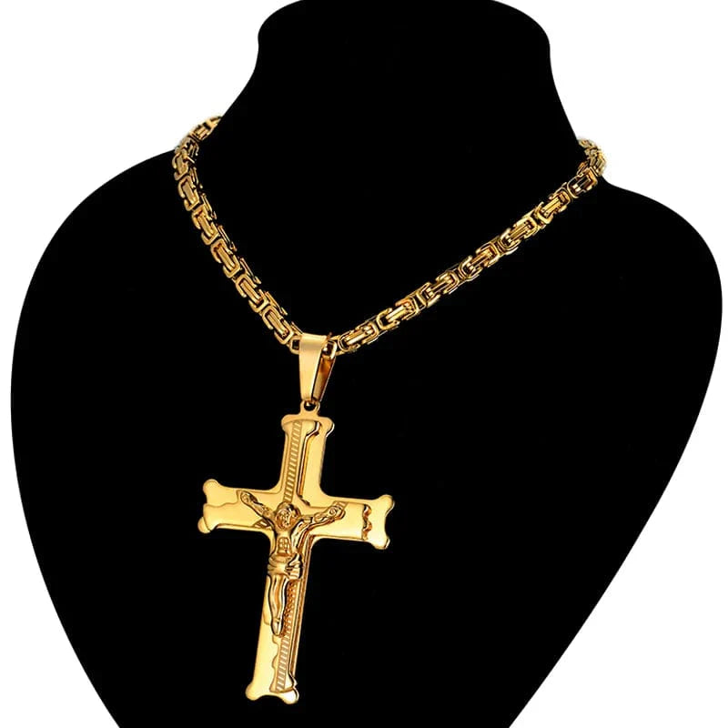 Gold stainless steel men's Jesus cross pendant necklace with a long chain, religious jewelry, showing the detailed crucifix design.