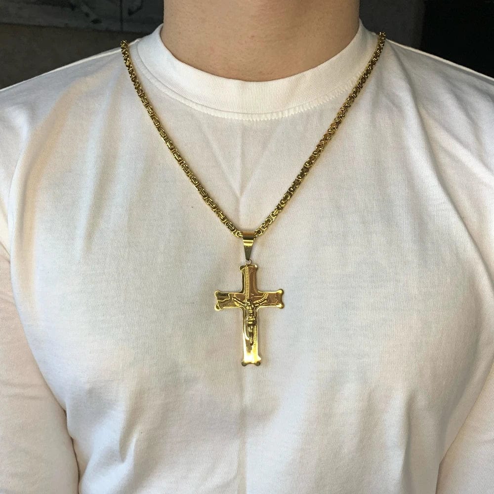 Gold stainless steel men's Jesus cross pendant necklace with a long chain, religious jewelry, Showlu Fashion Store.