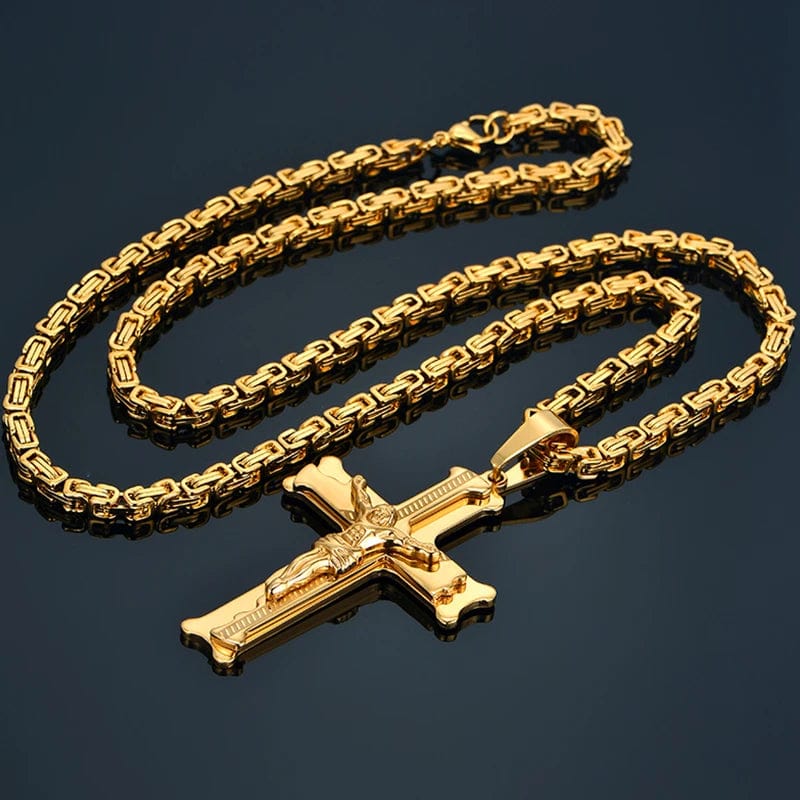 Gold stainless steel men's Jesus cross pendant necklace with a long chain, religious jewelry for men.