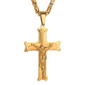 Gold stainless steel men's Jesus cross pendant necklace with a long chain, religious jewelry, large crucifix style.