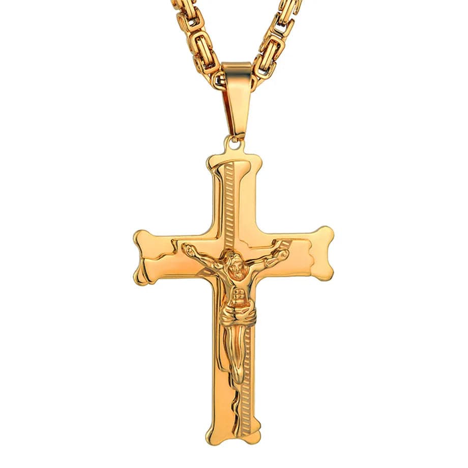 Gold stainless steel men's Jesus cross pendant necklace with a long chain, religious jewelry, large crucifix style.