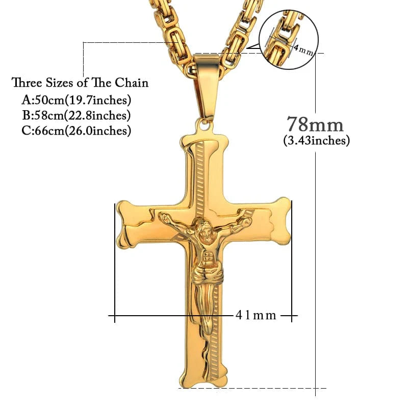 Men's gold stainless steel Jesus cross pendant necklace with a long chain, religious jewelry for men, Showlu Fashion.