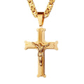Men's gold stainless steel Jesus cross pendant necklace with a long chain, showcasing religious jewelry style.