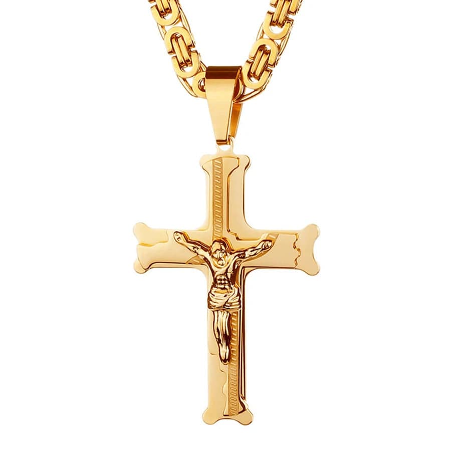 Men's gold stainless steel Jesus cross pendant necklace with a long chain, showcasing religious jewelry style.