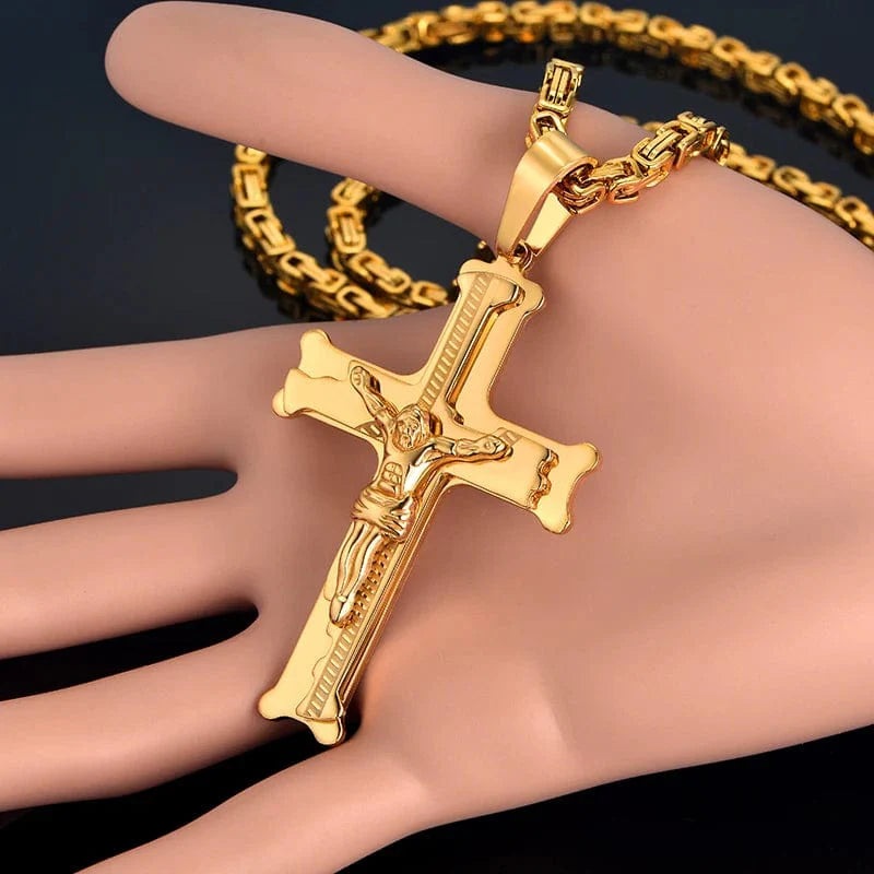 Men's gold stainless steel Jesus Cross pendant necklace with a long chain, religious jewelry, large crucifix design.