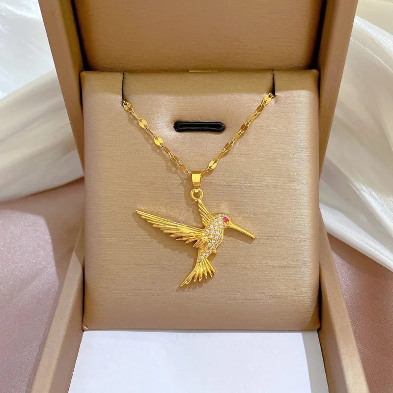 Blue hummingbird pendant necklace in stainless steel, featuring a delicate bird design on a choker-style chain for women and girls.