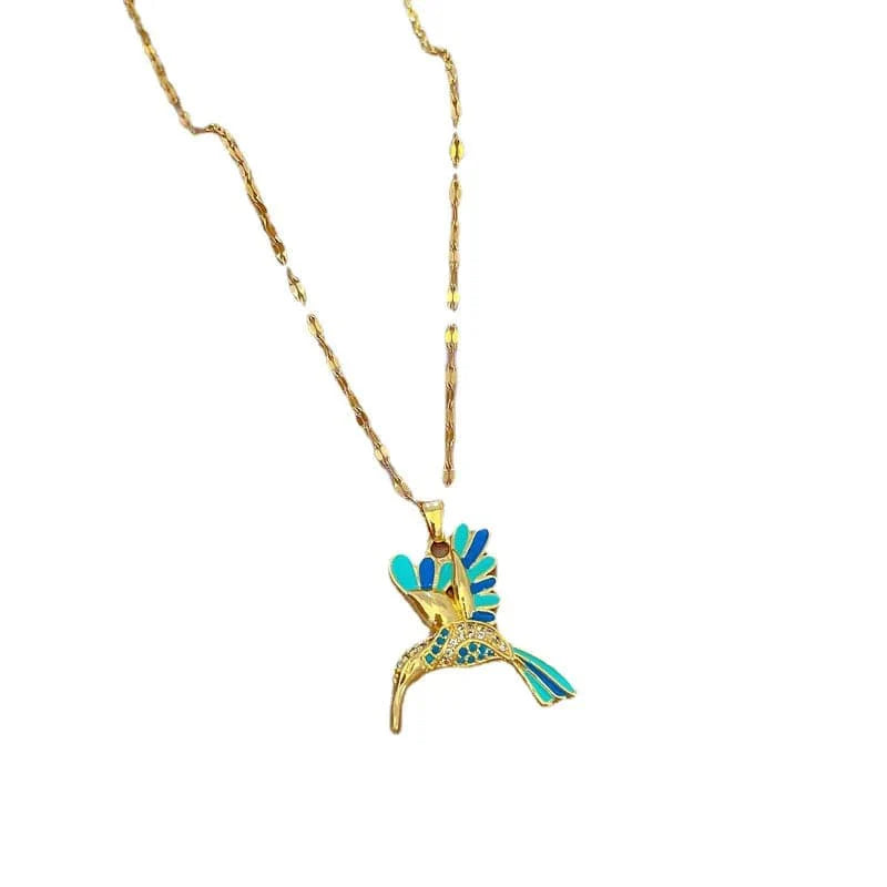 Blue hummingbird pendant necklace in stainless steel, featuring a delicate bird design, perfect for women and girls.