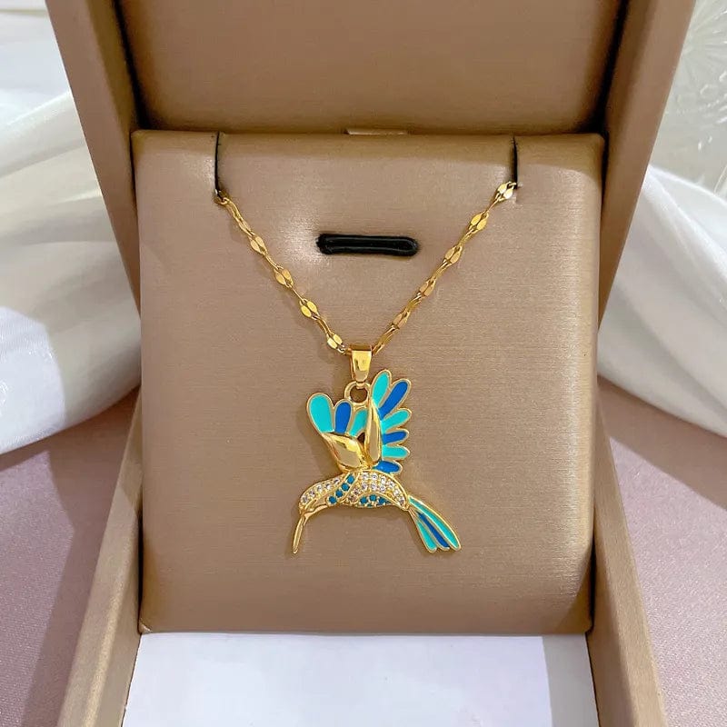 Blue hummingbird pendant necklace in stainless steel, designed for women and girls, featuring a delicate animal jewelry style.